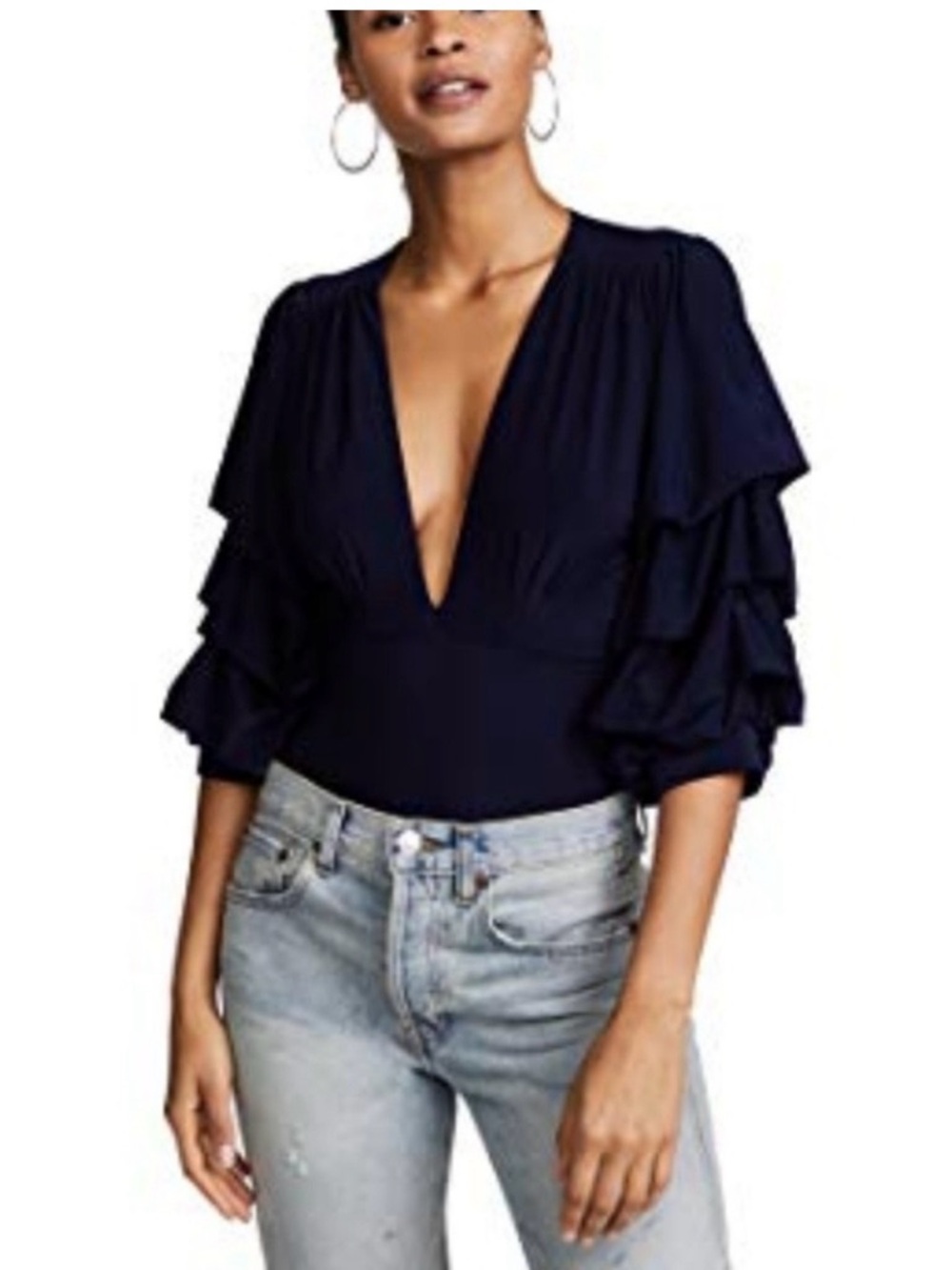 Misa Los Angeles Linde Bell Navy Blue Bodysuit summer puff sleeve size XS.